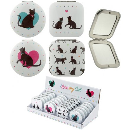  An assortment of circular and square compact mirrors, each decorated and printed with an 'I Love My Cat' theme 