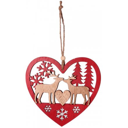 Hanging Red Heart With Reindeer Decal 