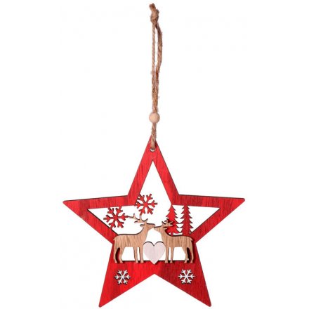 Hanging Wooden Star With Reindeer Decal 