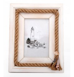 A unique wooden photo frame with plenty of coastal charm. Complete with a chunky rope trim and shells.