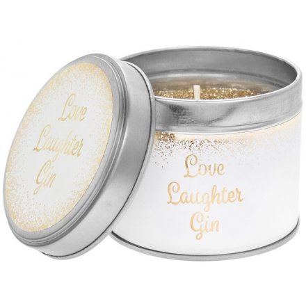 Love, Laughter and Gin with this gorgeous white and gold candle tin with a gold glitter candle. A chic gift item.
