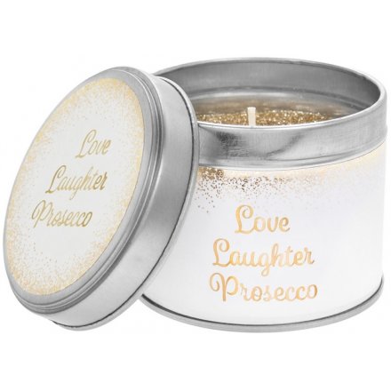 A chic metal tin candle with a sparkly gold accent and scripted Live Laugh Prosecco text