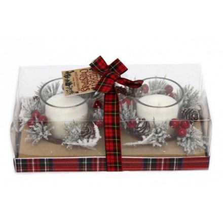 Tartan Wrapped Pine and Berry Tlights 
