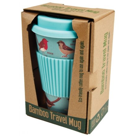 A stylish garden birds design travel mug with presentation box. An eco-friendly and re-usable travel mug.