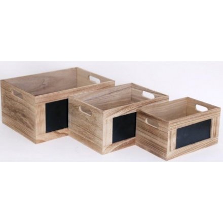 A set of 3 natural wooden crates complete with a chalkboard square for labelling 