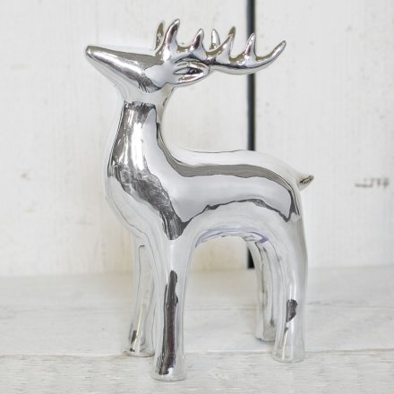 Ceramic Silver Reindeer, 23.5cm 