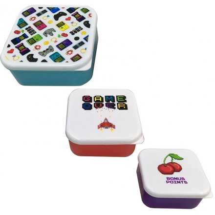 A set of 3 colourful gaming lunch boxes which can be stored inside each other. Each is decorated with an emoji game