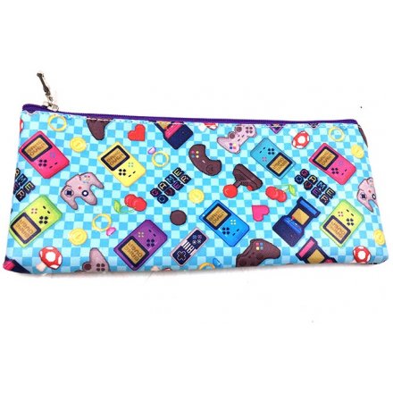A bold gaming design pencil case with an assortment of emoji icons.