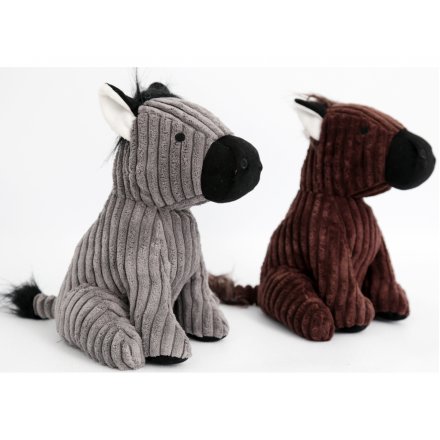 A mix of 2 grey and brown corduroy horse doorstops in grey and brown designs.