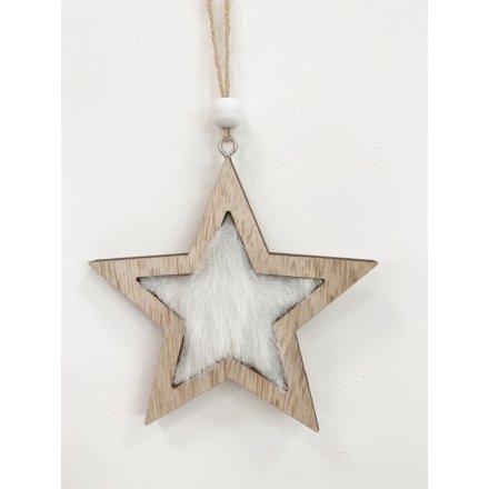 Hanging Wooden Star With Fur Centre 