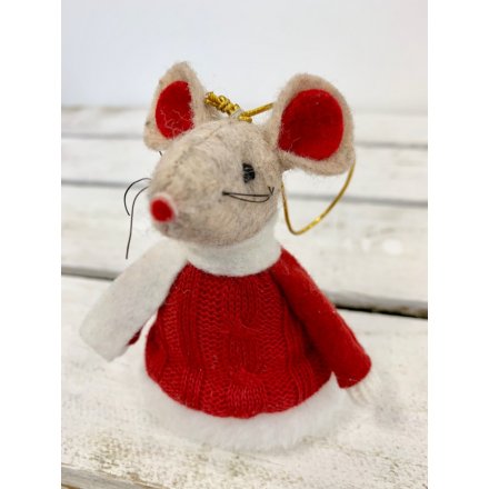 A sweet little hanging woollen mouse with a knitted red jumper 
