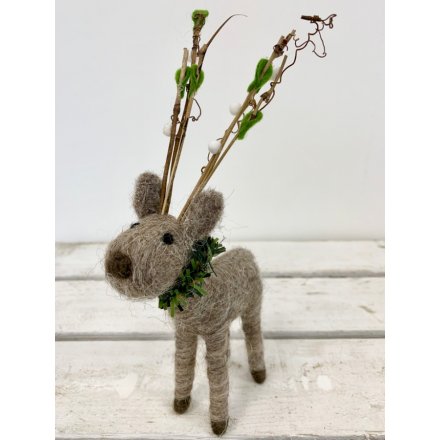 Grey Fabric Reindeer With Wreath 