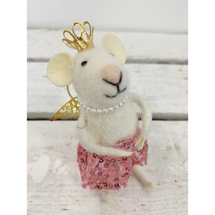 An adorable little woollen white mouse dressed up in a pink sequin tutu