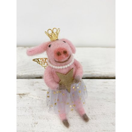A delightful little pink fuzzy piggy hanging decoration, perfectly dressed up as a Princess Ballerina 