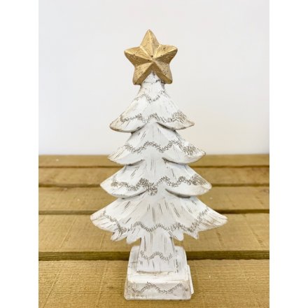 A resin based Christmas tree with a wooden effect. In a distressed white finished with a golden star on top.