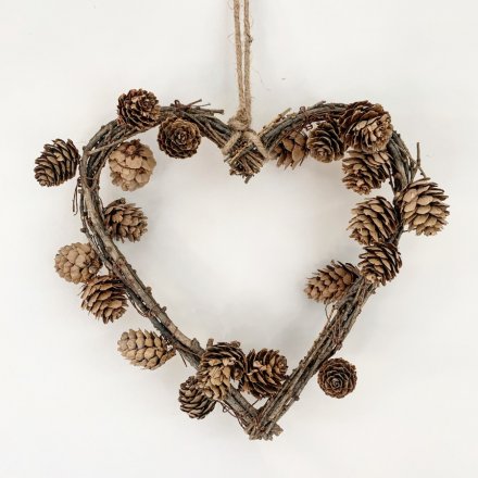 Natural Twig And Mini Pine Heart Wreath, 22cm