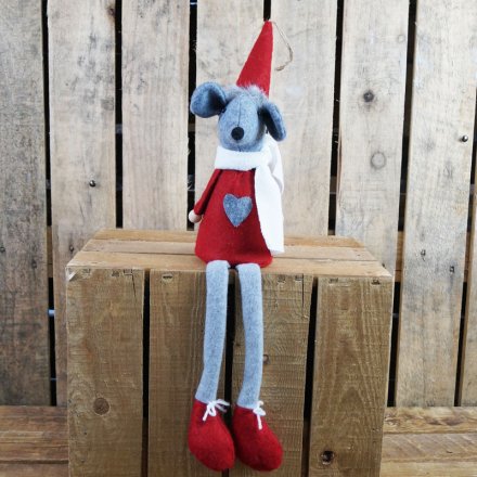 A charming little fabric mouse decoration dressed up in red and grey tones 