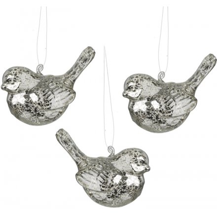 Mottled Silver Glass Birds, Set of 3 