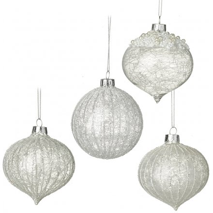 Clear Glass Baubles With Silver Glitter, Set of 4 