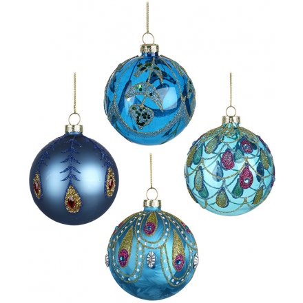 Set of 4 Peacock Glass Baubles 