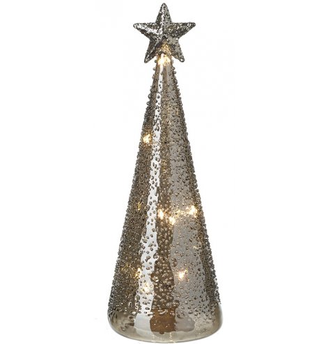 A stunning, truffle silver coloured glass Christmas tree with a textured surface, star topper and twinkling LED lights.