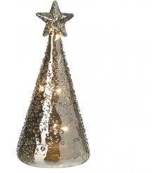 A stunning and unique glass tree ornament with a textured bubble finish and twinkling LED lights.