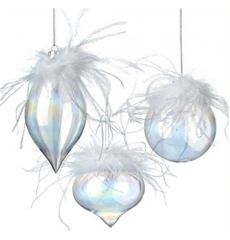 Assorted baubles made from iridescent glass, with wispy white feathers. 