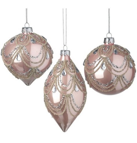 Pretty blush pink baubles in assorted shapes, with intricate glitter decorations and silver teardrop sequins.