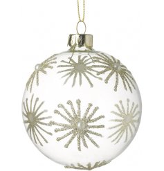 A stunning glass bauble decorated with champagne glitter stars, complete with delicate pearl detailing.