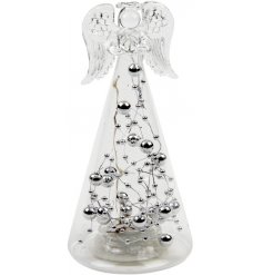 A beautiful clear glass angel decoration filled with warm glowing LEDs and added sized silver ballbearings 