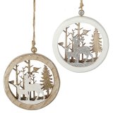  A charming mix of hanging wooden decorations featuring an assortment of glittery gold and silver woodland scenes