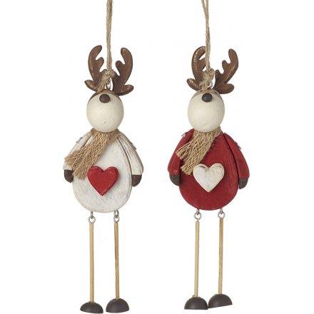 Red and White Wooden Reindeer Hangers, 18cm