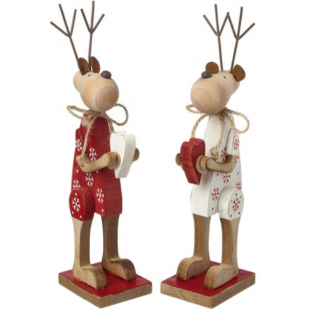 Red and White Wooden Reindeers W/Hearts, 21.5cm