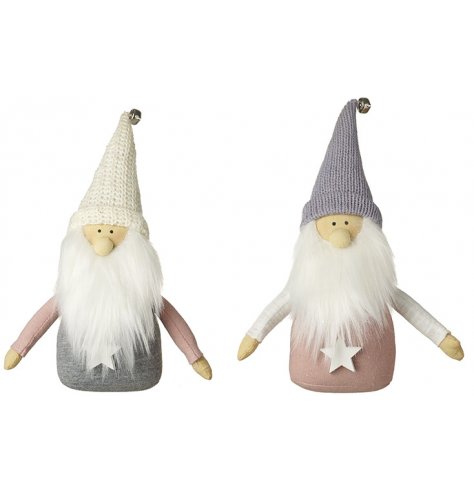 Grey and pink gonk decorations with knitted hats with a jingle bell, a star motif and long faux fur beards.