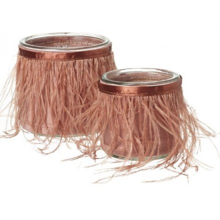 Blush Pink Faux Feather Candle Pot Set 