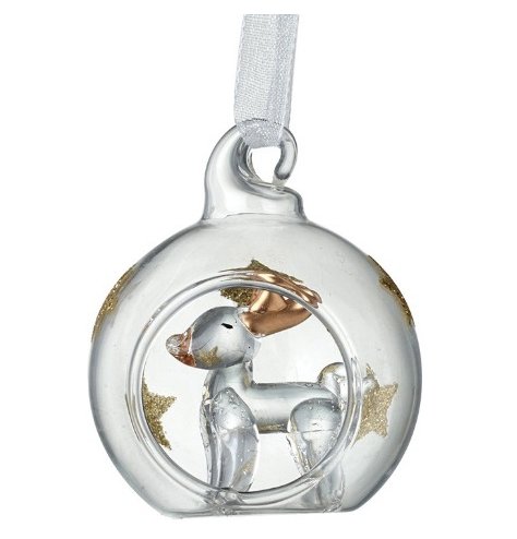 A vintage inspired glass bauble with gold glitter stars and an opening which houses a glass and gold snowman.