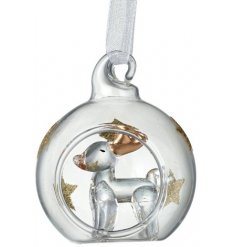  A cute little clear glass bauble with added glitter star decals and a glass reindeer centre 