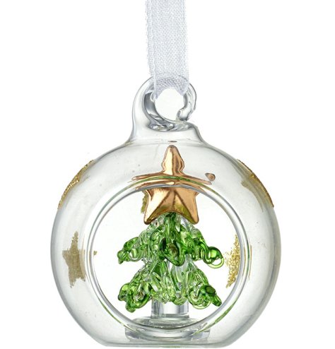 A vintage inspired glass bauble decoration with gold glitter stars. 
