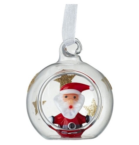 A vintage inspired glass bauble decoration with gold glitter stars and a glass Santa ornament.