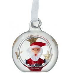   A cute little clear glass bauble with added glitter star decals and a glass Santa centre 