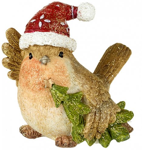 A traditional Christmas robin decoration wearing a Christmas hat. Complete with a Christmas tree and sparkling finish.