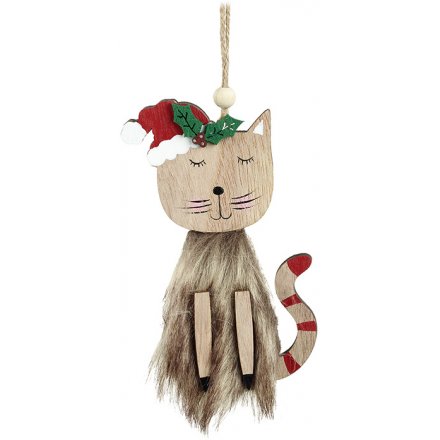 Hanging Wooden Christmas Cat, 13cm