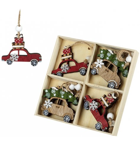 A pack of 8 vintage inspired wooden card decorations in festive green and red colours.