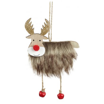 Hanging Wooden Reindeer With Faux Fur, 25cm