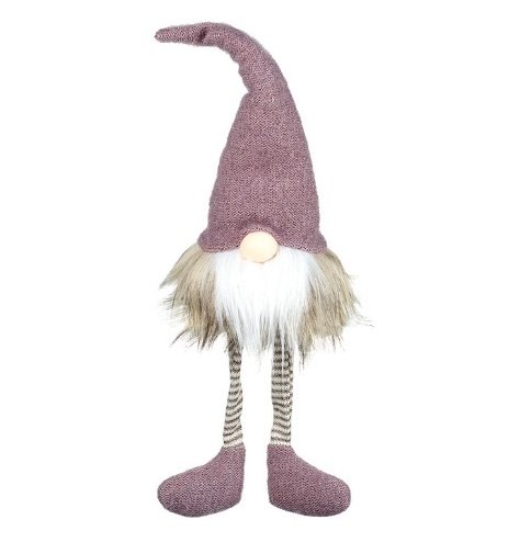A charming Gonk shelf sitter with striped dangly legs, a fluffy faux fur beard and tall knitted hat.