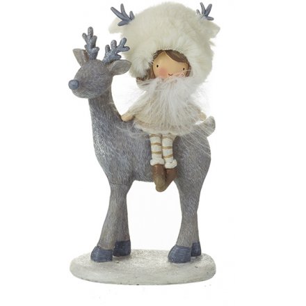 Grey Resin Reindeer and Girl 16cm