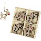 A sweet assortment of hanging reindeer decorations each complete with red noses and cut out heart and tree decals 