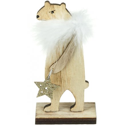 Natural Wooden Bear With Feather Accents 14cm