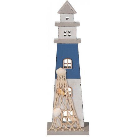  Bring a Coastal Charm to any space of the home with this rustic little wooden lighthouse in a blue tone 