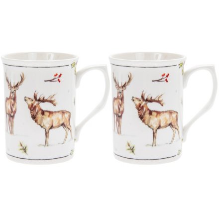 Illustrated Winter Stags Set of 2 Mugs